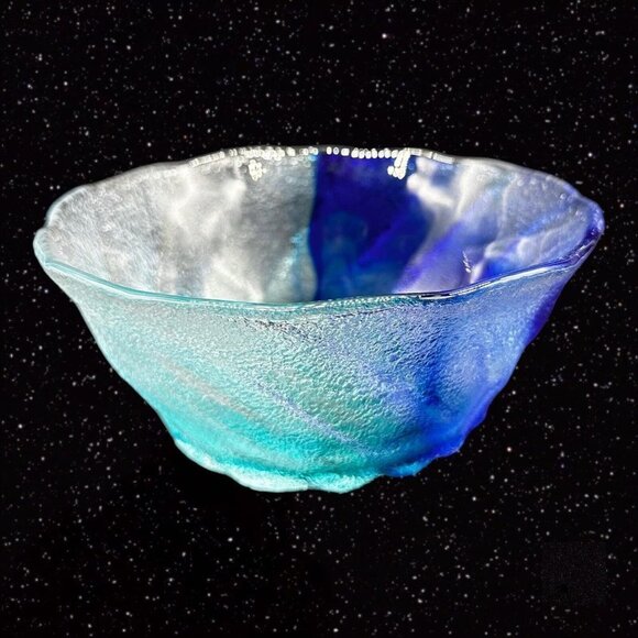 Sweden Art Glass Bowl Set 3 Art Glass Blue Swirl Swedish Glass Large 6.75”W 2.5” - Picture 11 of 14
